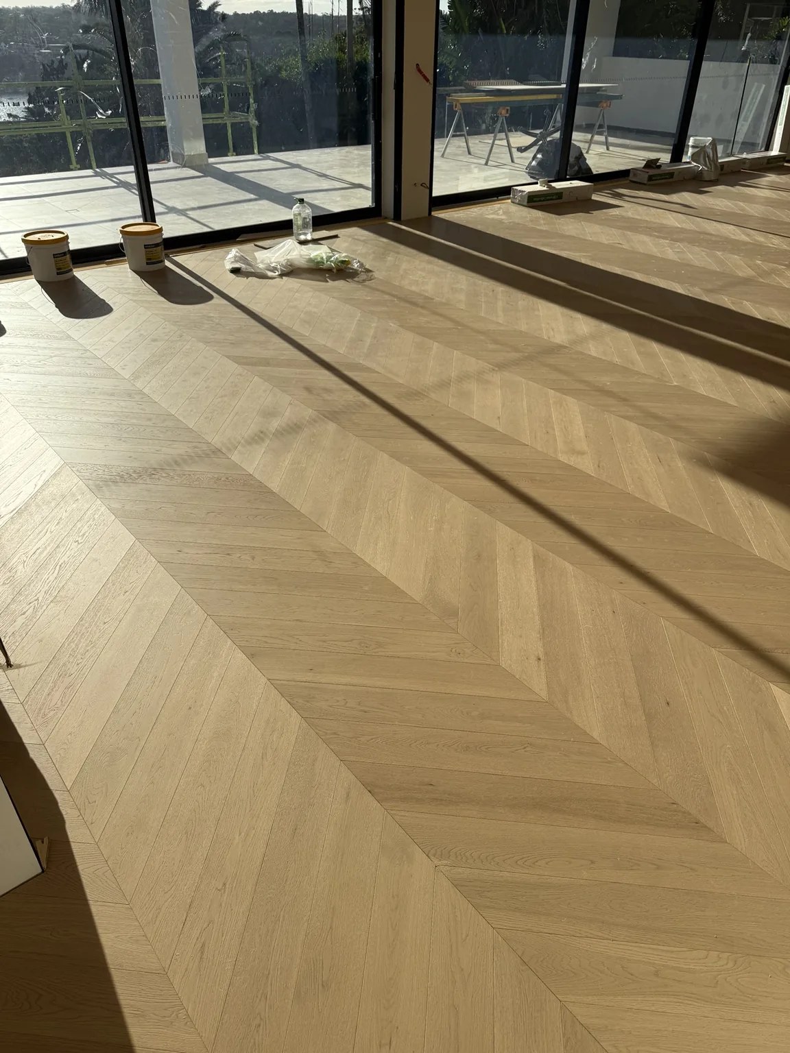 Sunlit chevron engineered timber flooring project